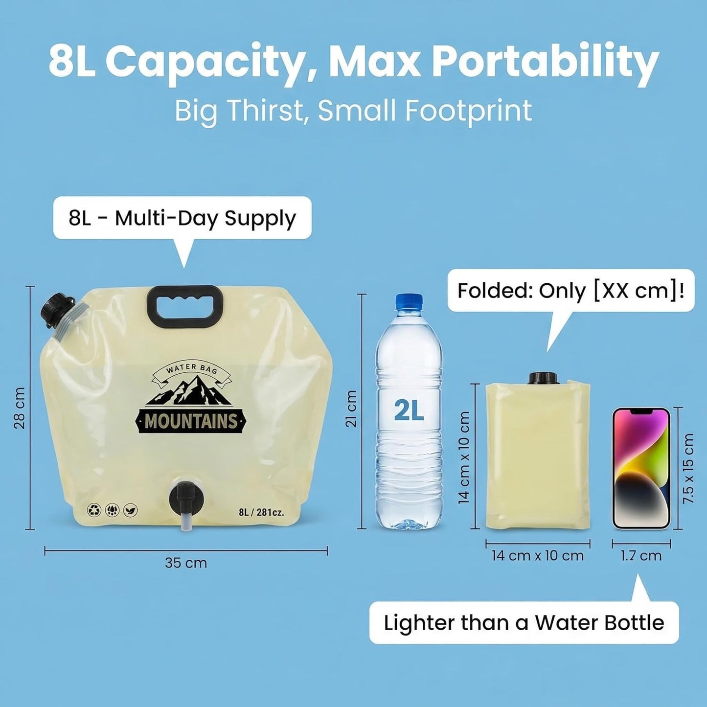 Jarra de agua plegable sin BPA de 2 galones con boquilla para campamento