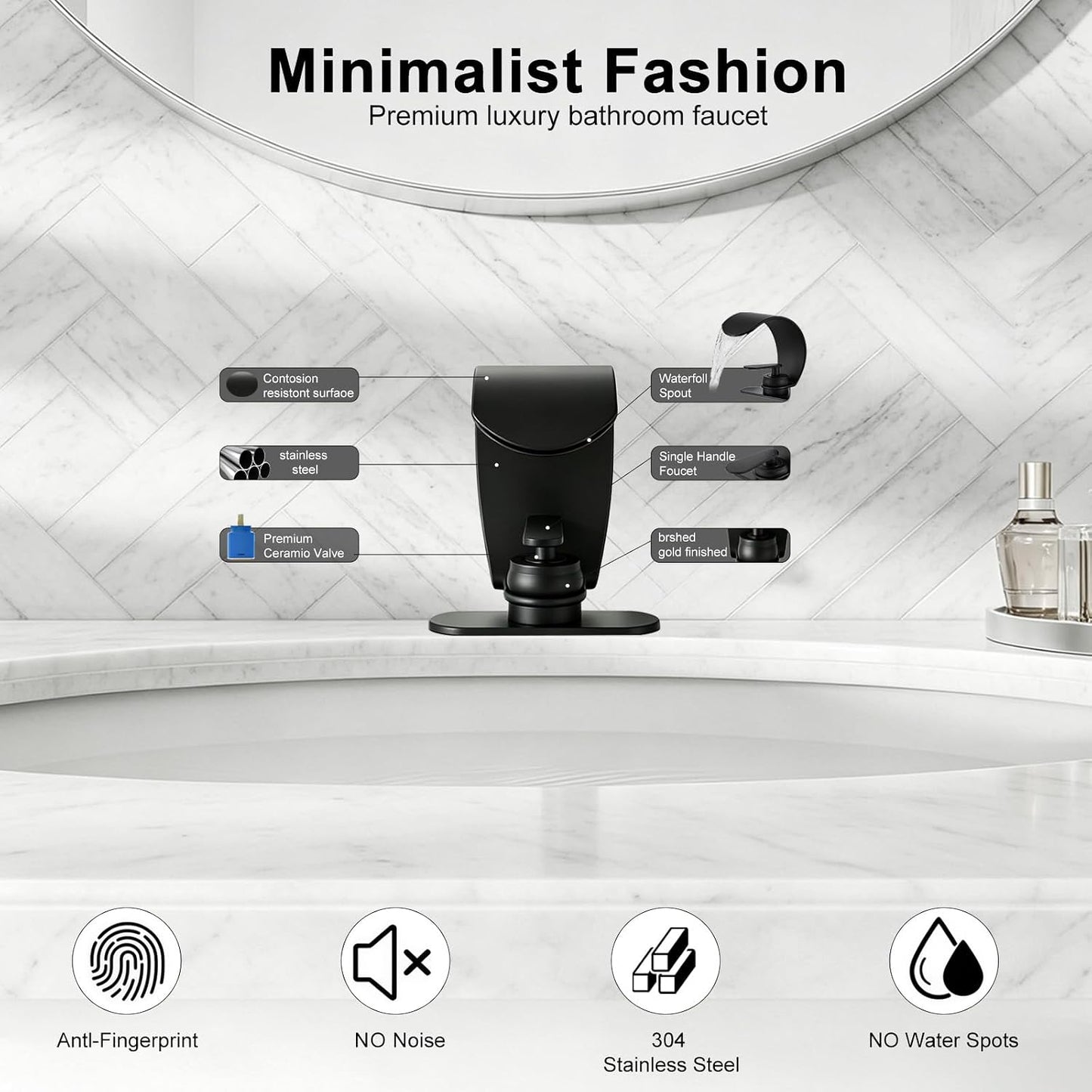 Grifo lavabo baño cascada negro mate acero inox 1 manija