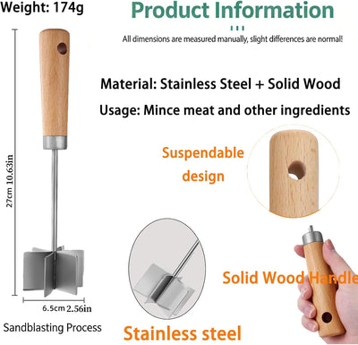 Picador carne acero inox 6 cuchillas mango madera 11pulg cocina