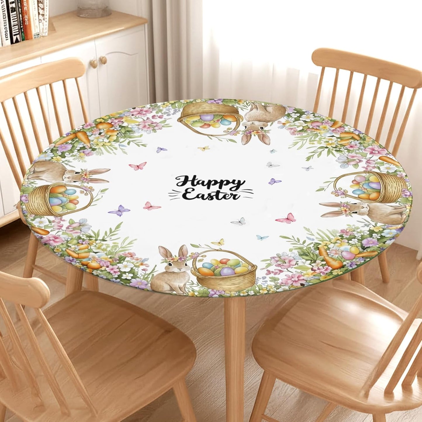 Mantel redondo ajustable de Pascua con borde elástico para mesas de 40 a 44 pulgadas