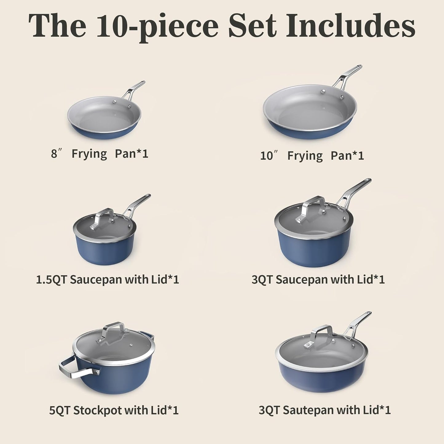 Set 10 Pzas Utensilios Cerámica Antiadherente con Tapas