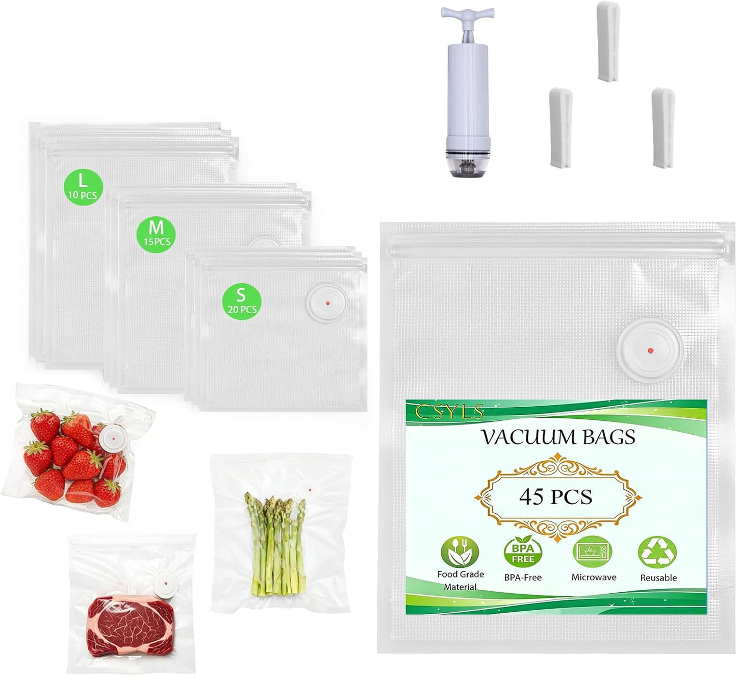 45 bolsas selladoras al vacío reutilizables para alimentos