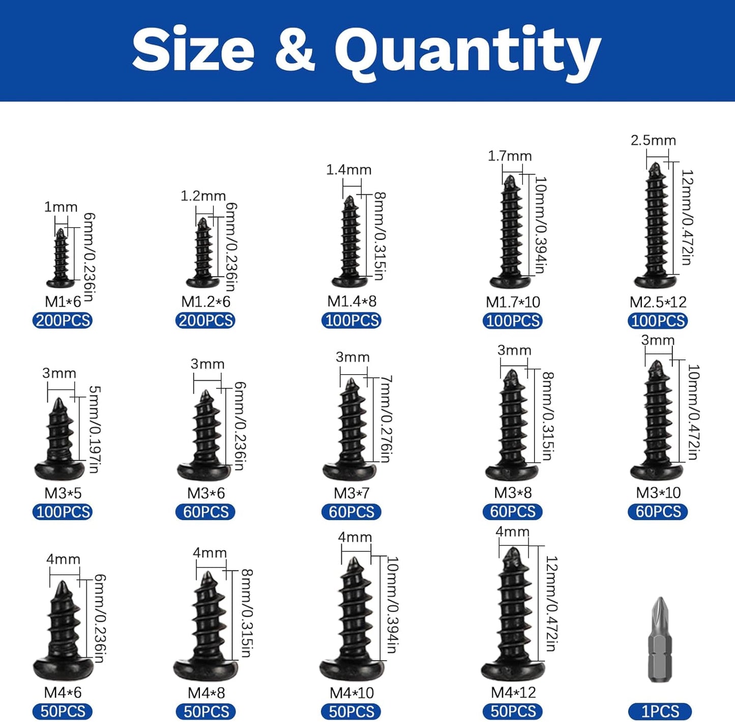 Kit surtido tornillos madera acero negro M1-M4 14 tamaños