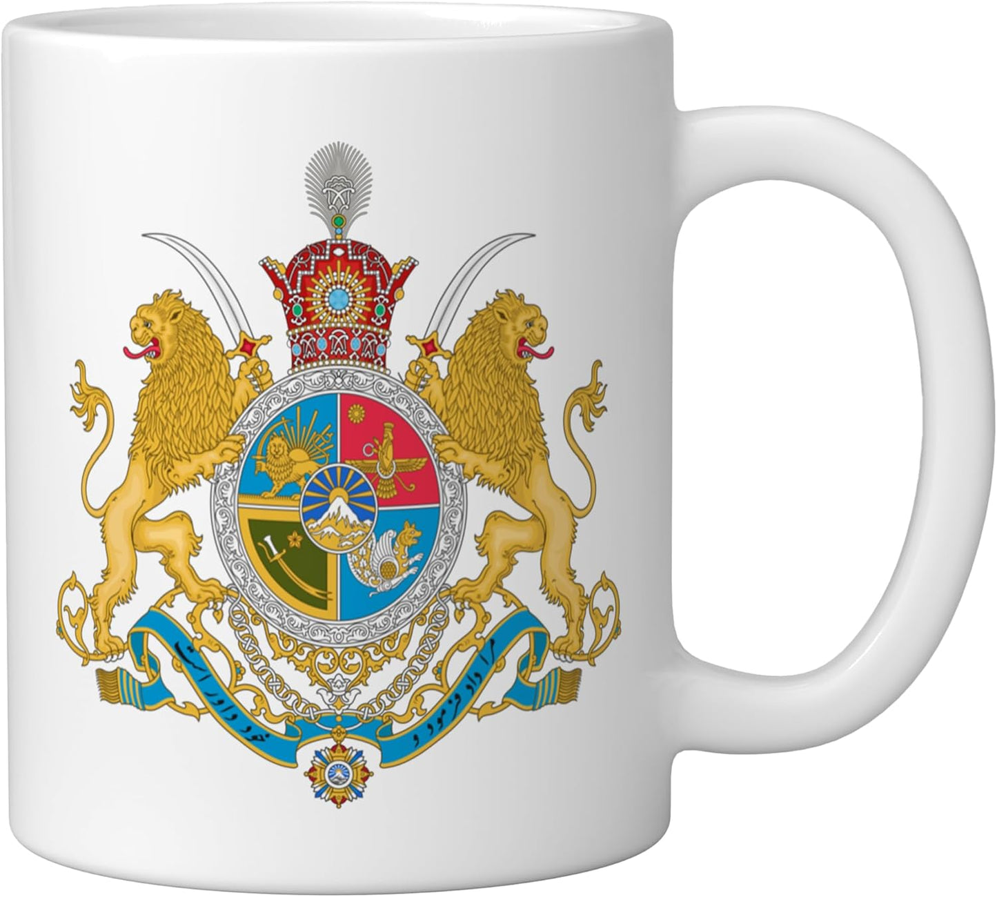 Taza cerámica con emblema histórico iraní León y Sol blanco