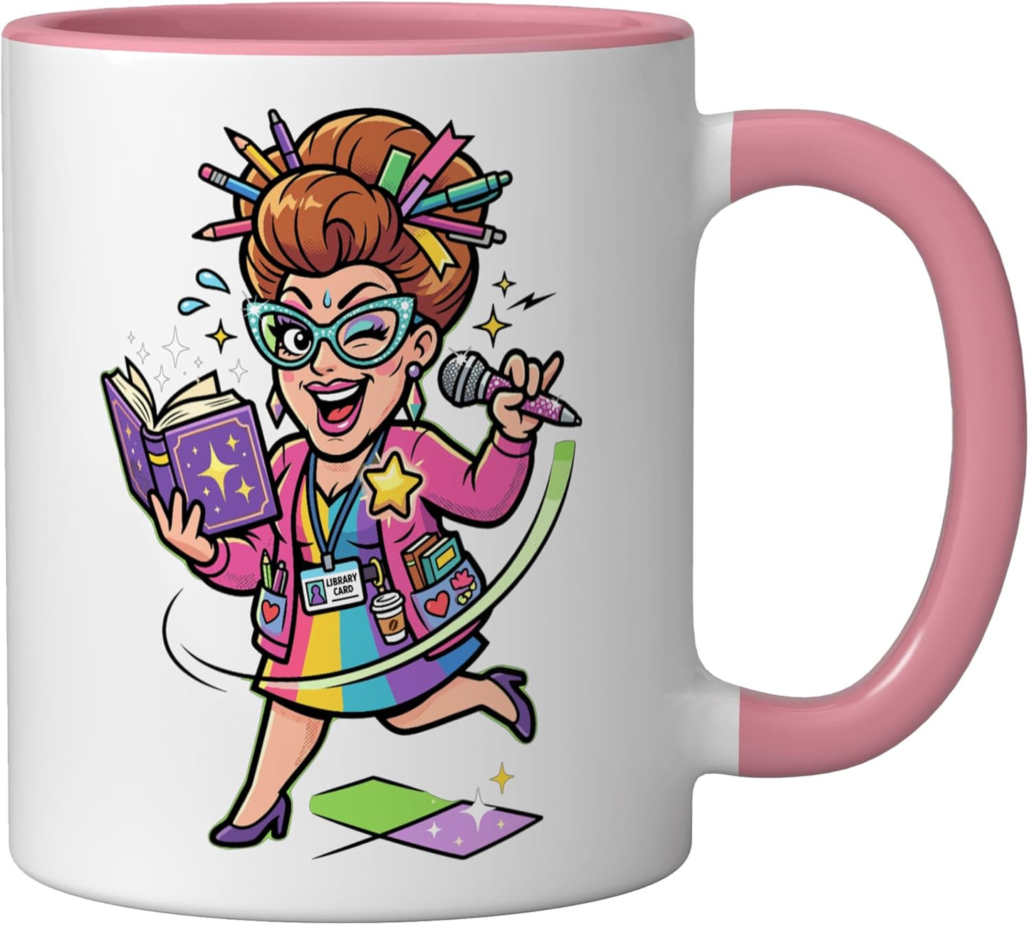 Taza Cerámica Gato Bibliotecario Estilo Retro Rosa/Blanca
