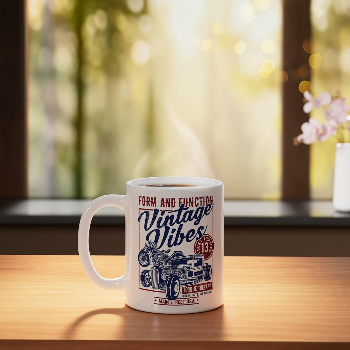 Taza cerámica estilo motocicleta Hotrod Main Street USA vintage