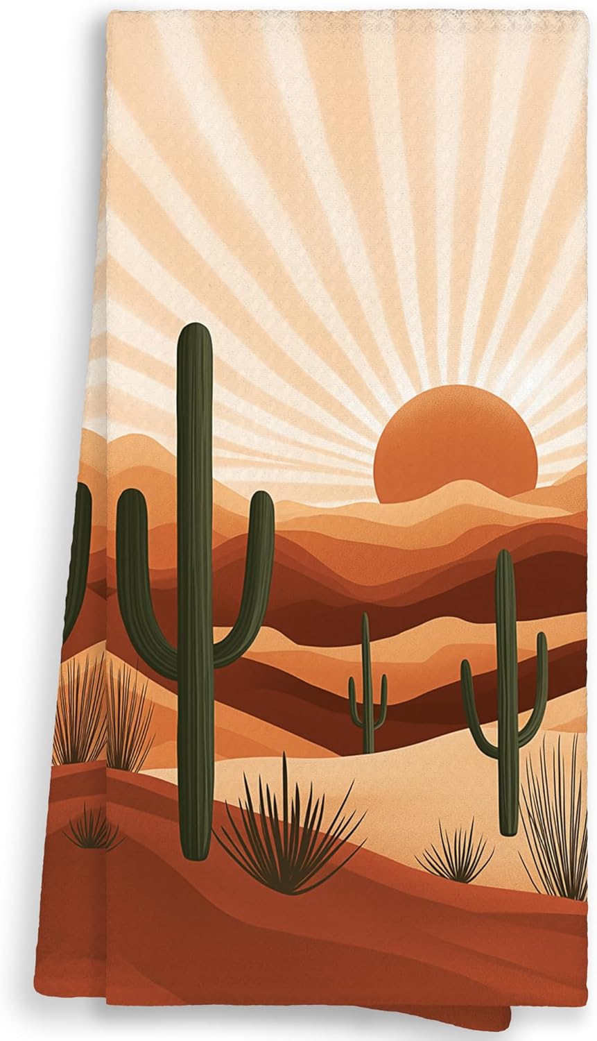 Toallas de cocina boho occidental con diseño de cactus y paisaje del suroeste