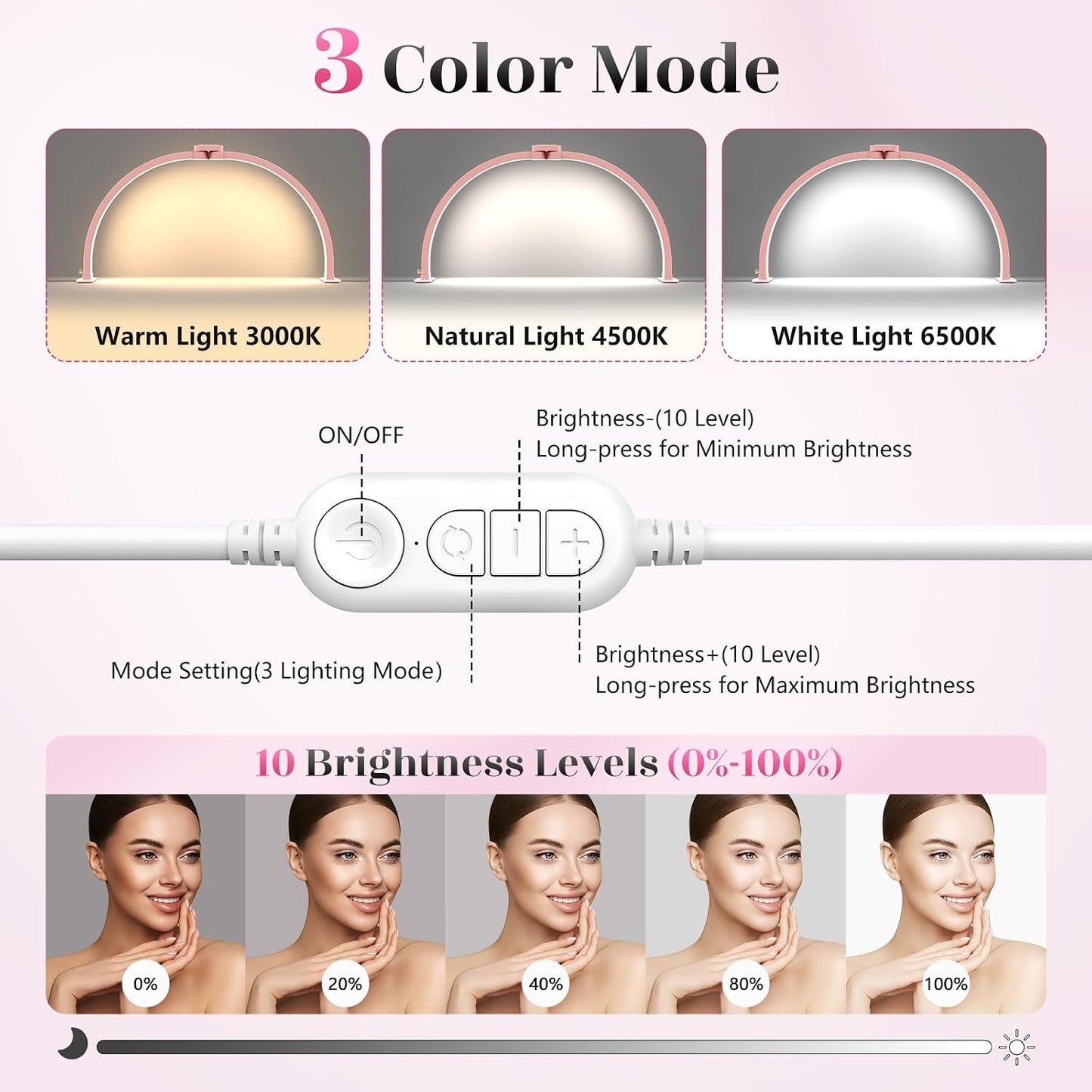 Luz de uñas plegable 29pulg con soporte teléfono 3 modos color