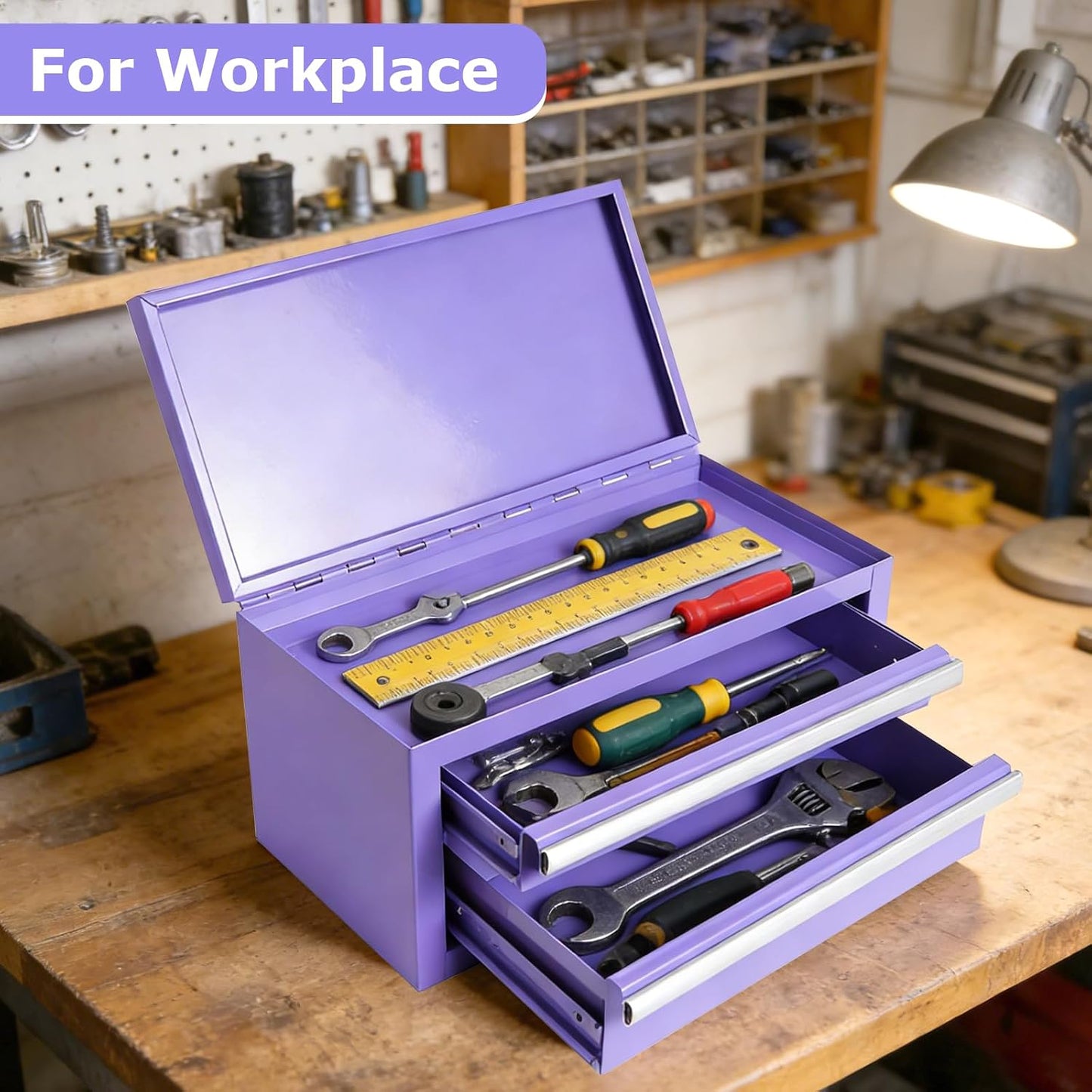 Caja herramientas mini acero inox con cajón morado