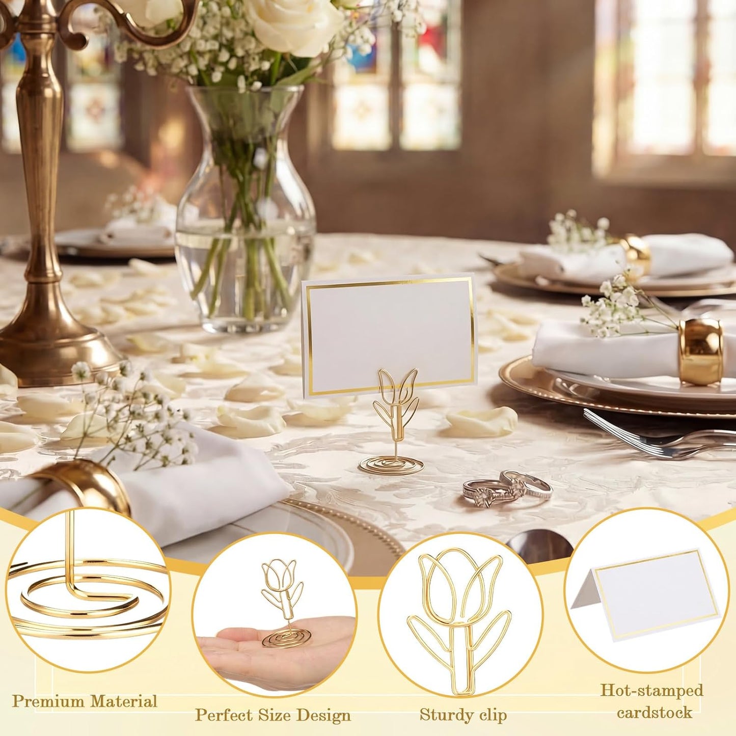 12 Soportes Dorados para Números de Mesa y Tarjetas de Lugar