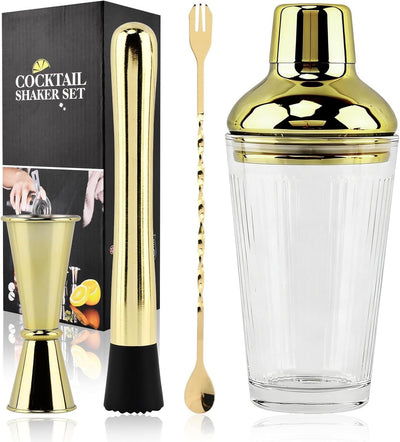 Juego de coctelera con vidrio dorado grueso, incluye coctelera, cuchara, mezclador y jigger