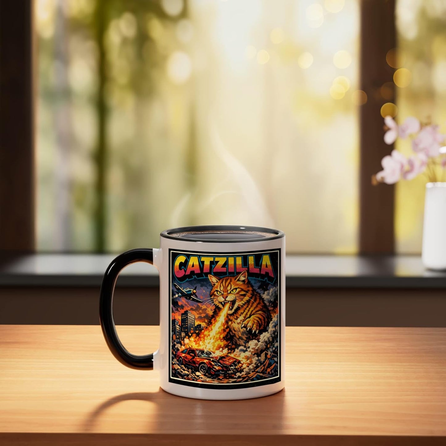 Taza Cerámica Gato Tabby Catzilla Chiste Negro Blanco