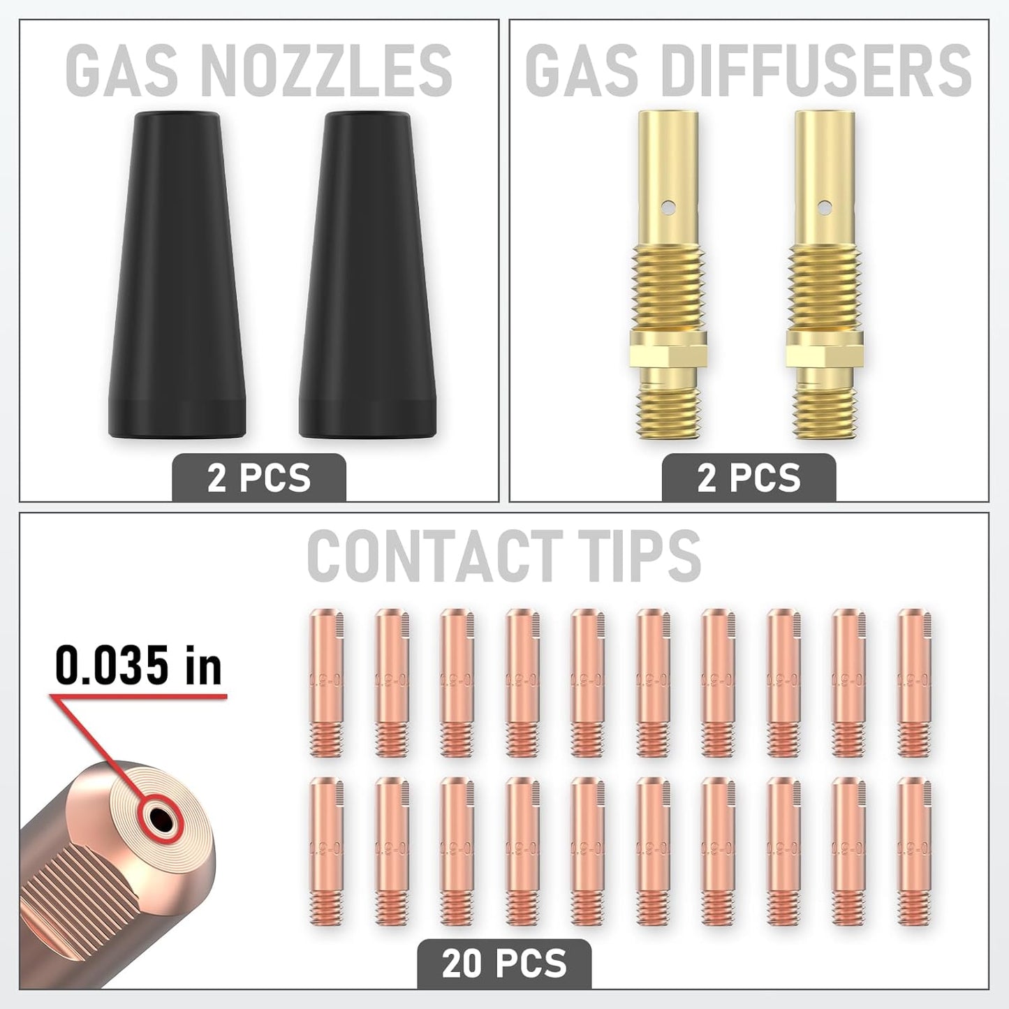 Kit accesorios soldadura flux 24 pzas 20 puntas 0.035 boquillas