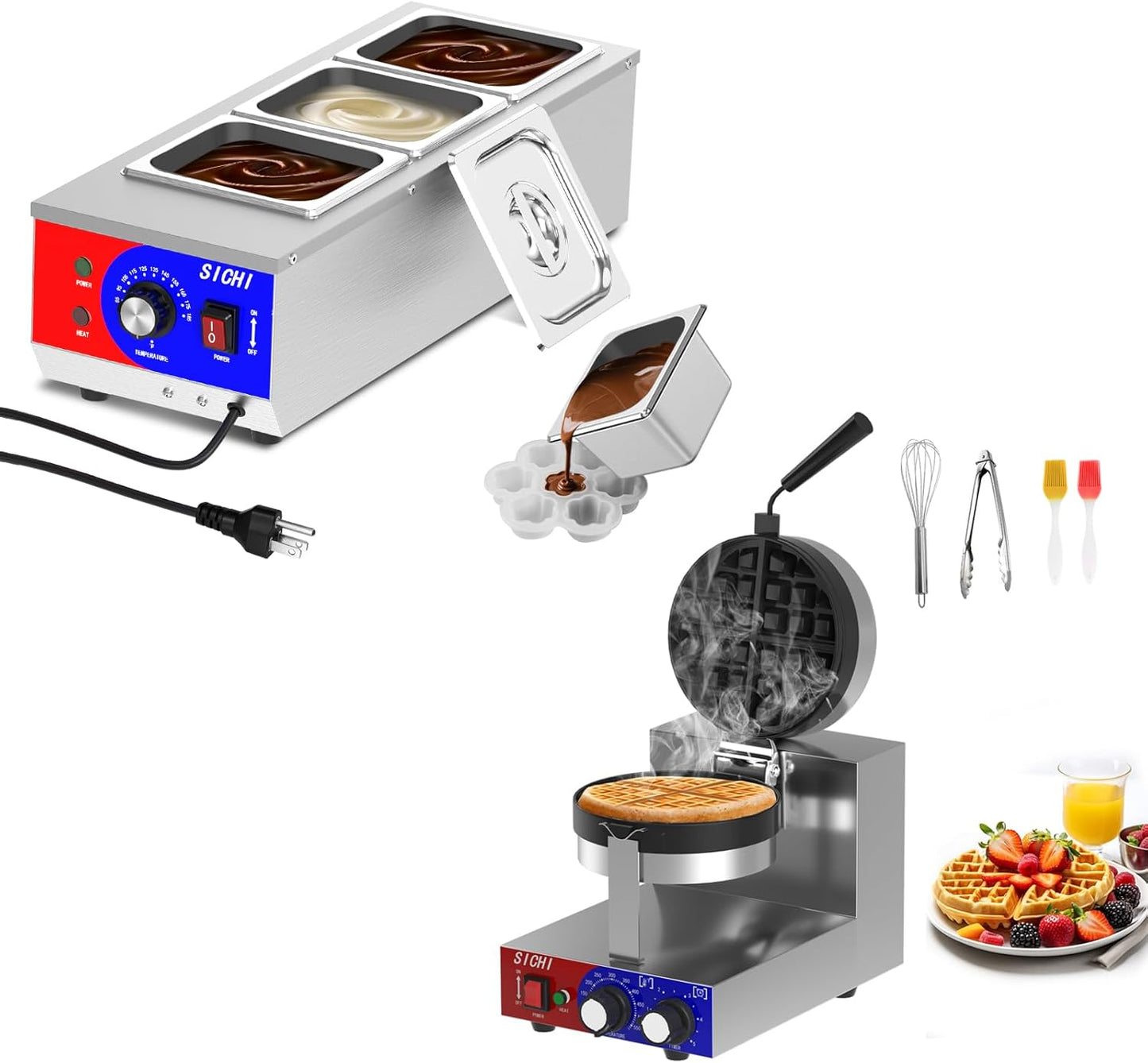 Máquina comercial de gofres y templado de chocolate con platos antiadherentes giratorios