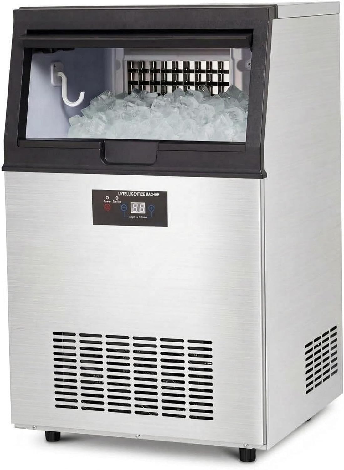 Máquina de hielo comercial de acero inoxidable con capacidad de 80 lbs/24h y almacenamiento de 33 lbs