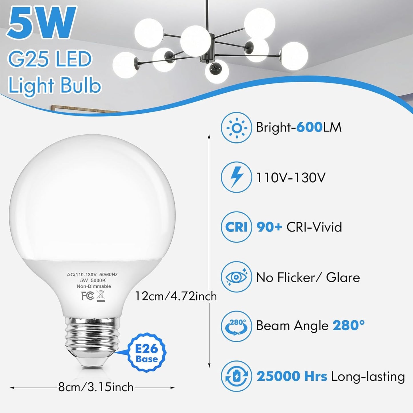 Bombillas LED G25 5W 5000K E26 para baño y espejo set 4