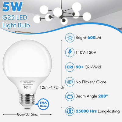 Bombillas LED G25 5W 5000K E26 para baño y espejo set 4