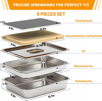 Set 5 bandejas acero inox parrilla con tapa y tabla cortar
