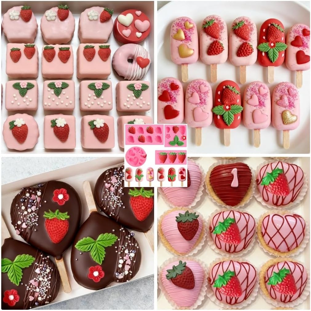 Moldes de silicona antiadherentes con forma de fresa para decorar pasteles y cupcakes