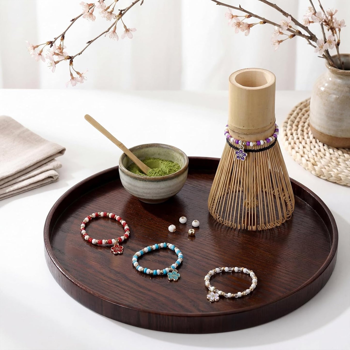 Juego 4 cadenas matcha con dije flor cerezo cuerda elástica