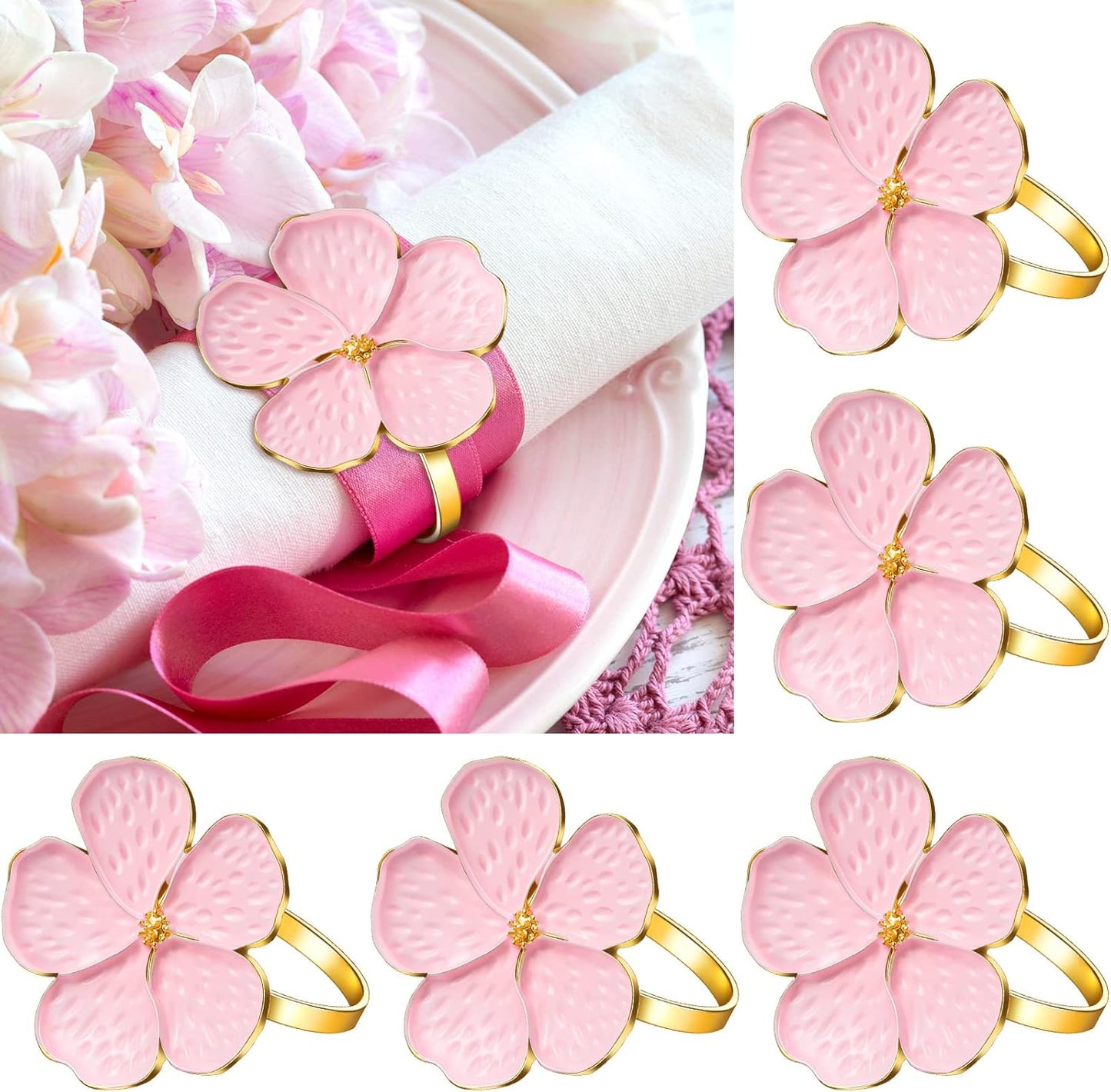 Set 100 servilleteros florales rosadas hebilla dorada