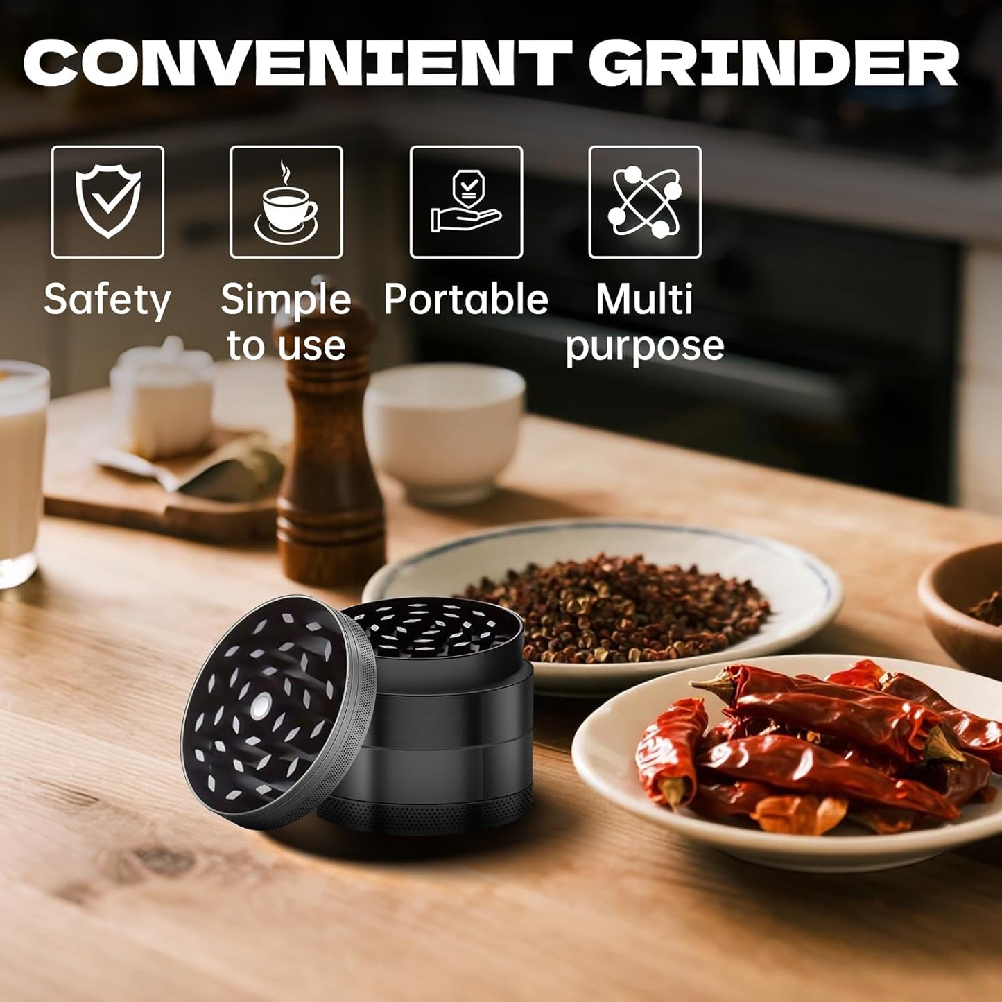 Molinillo aluminio 2.5pulg molienda suave cocina negro