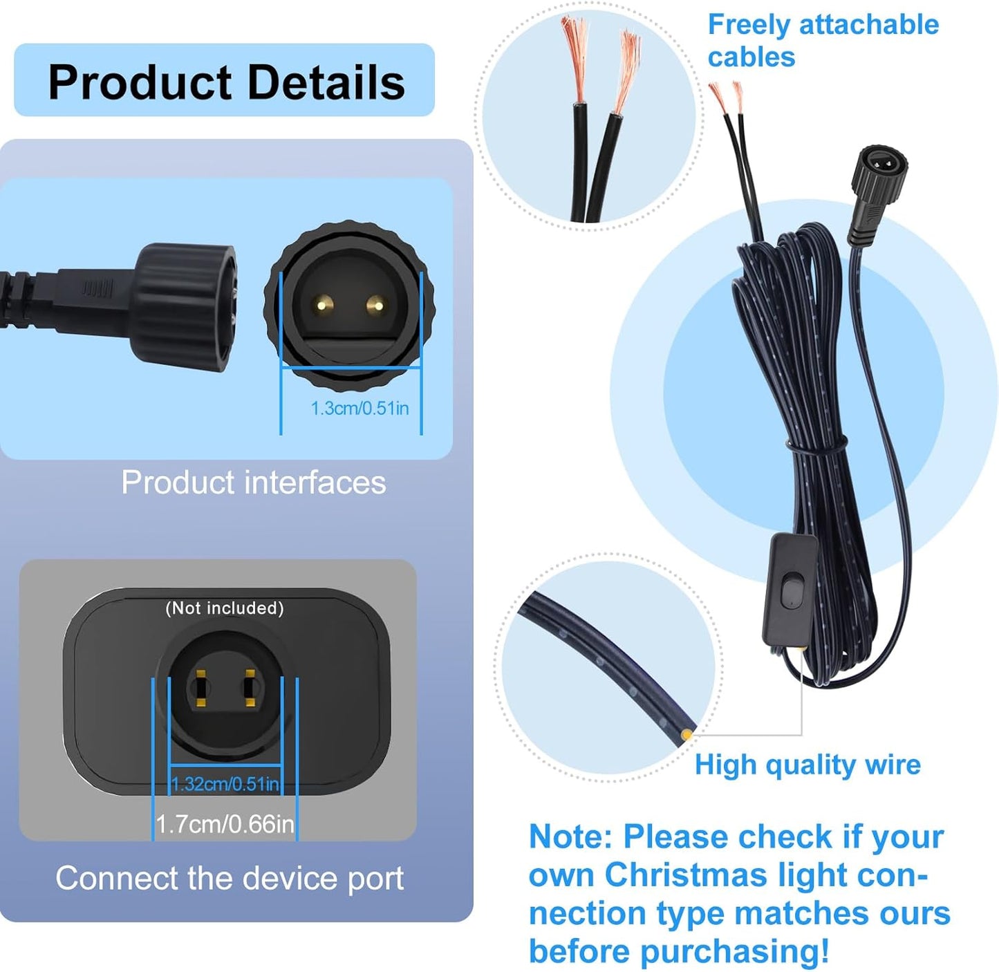 Cable alimentación LED repuesto 9.8pies conector 2pines impermeable