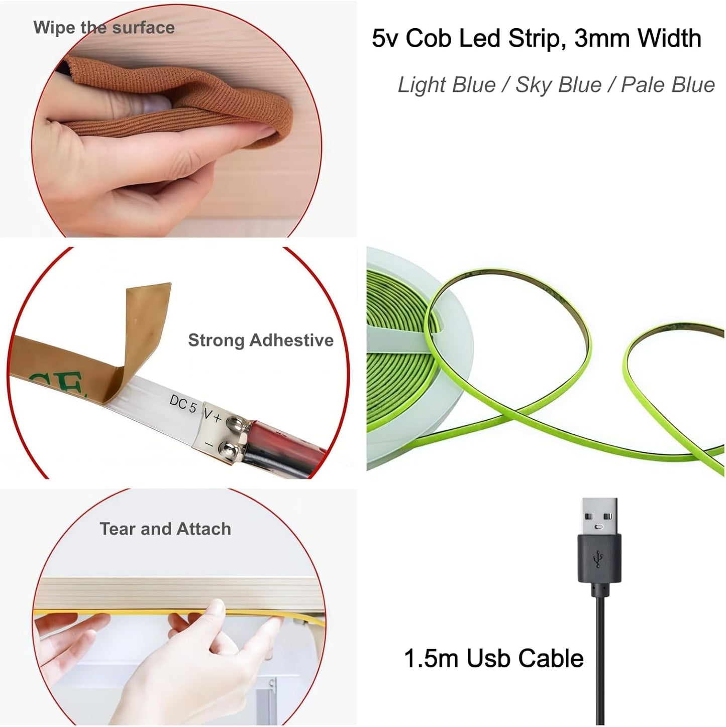 Tira luces LED COB ultra estrecha USB-C autoadhesiva 5ft azul claro