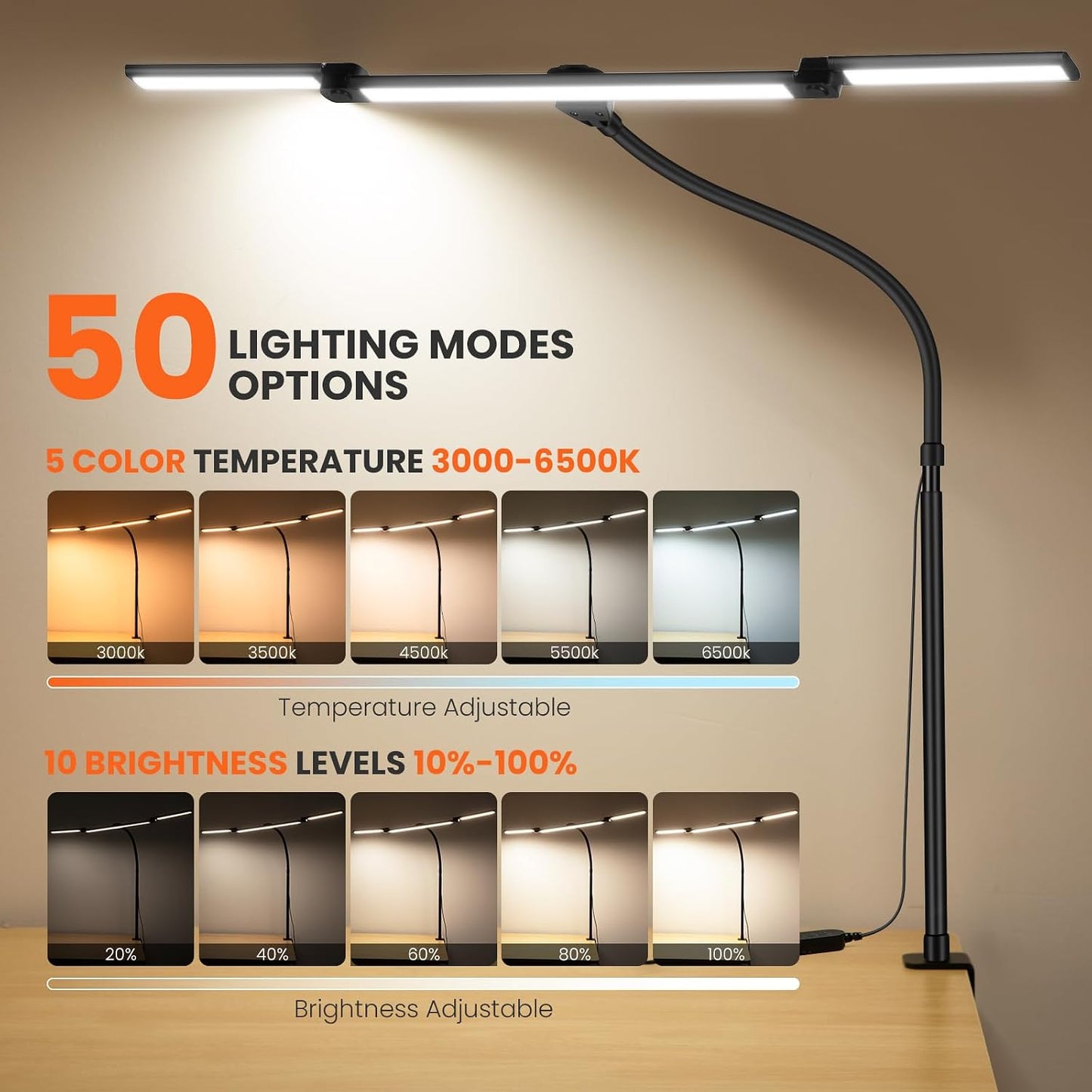 Lámpara escritorio LED 3 barras ajustable con abrazadera