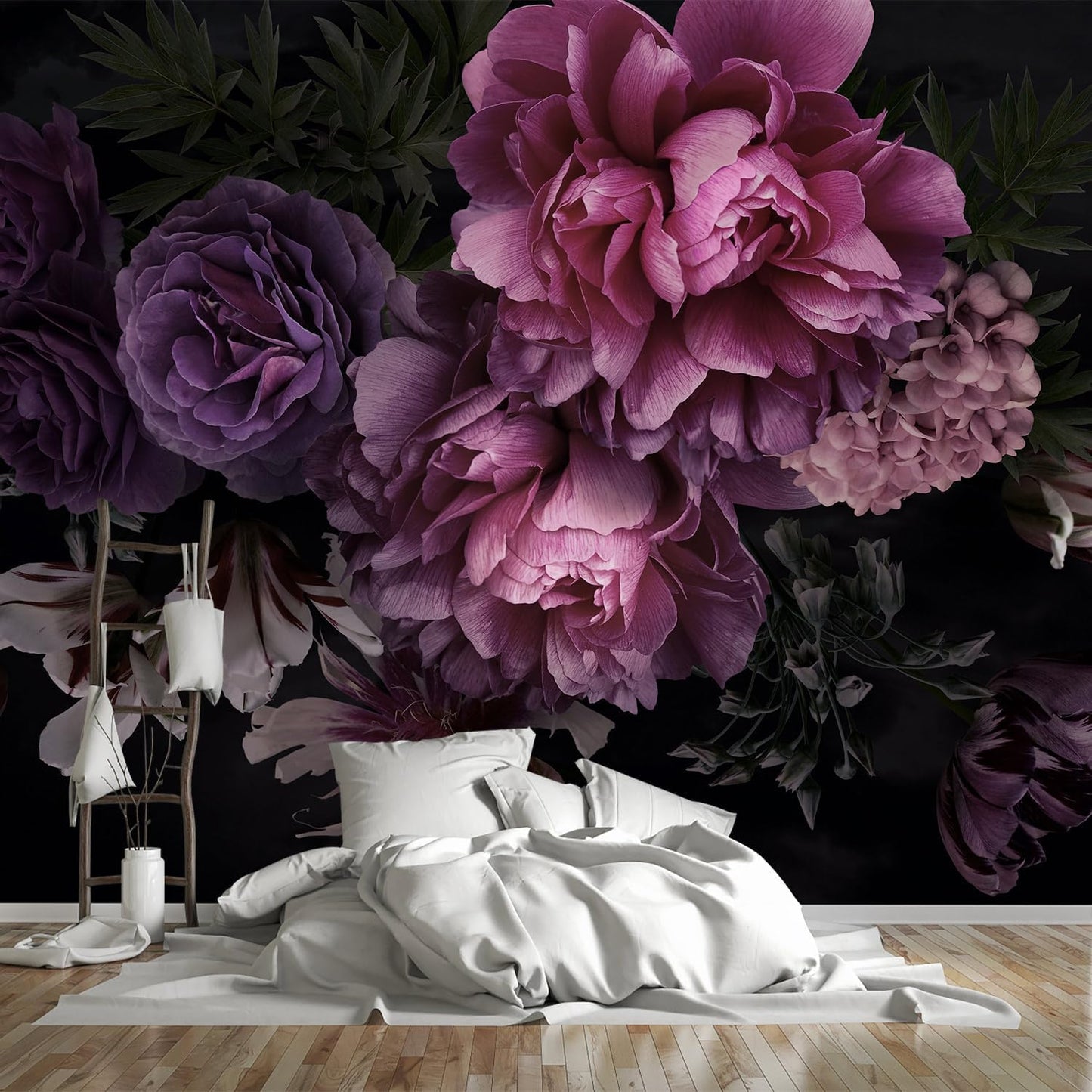 Papel pintado floral morado dormitorio 96x137pulg