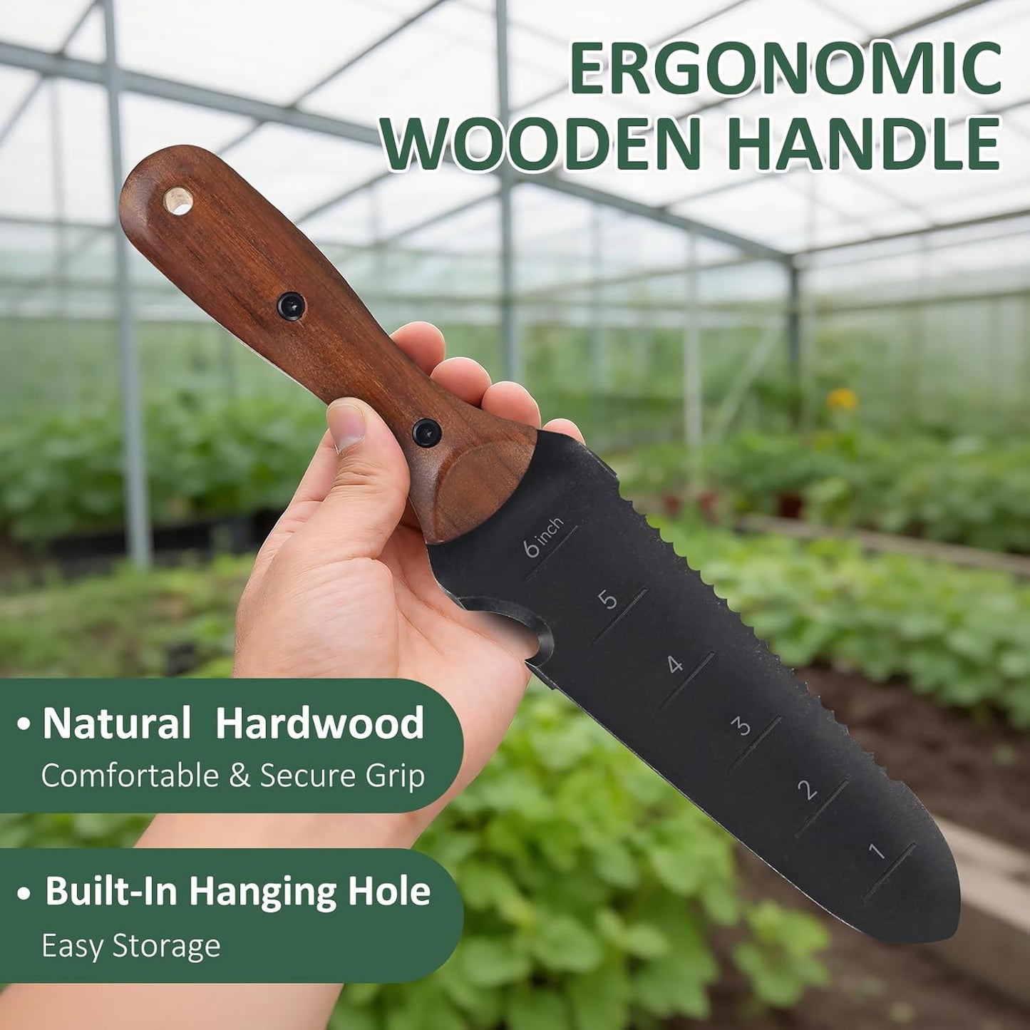 Cuchillo jardín acero inox escala medición mango madera