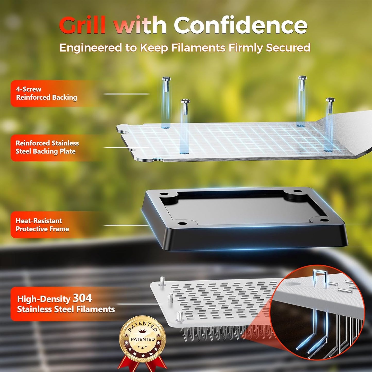 Cepillo parrilla barbacoa forma U filamentos acero 45° mango madera