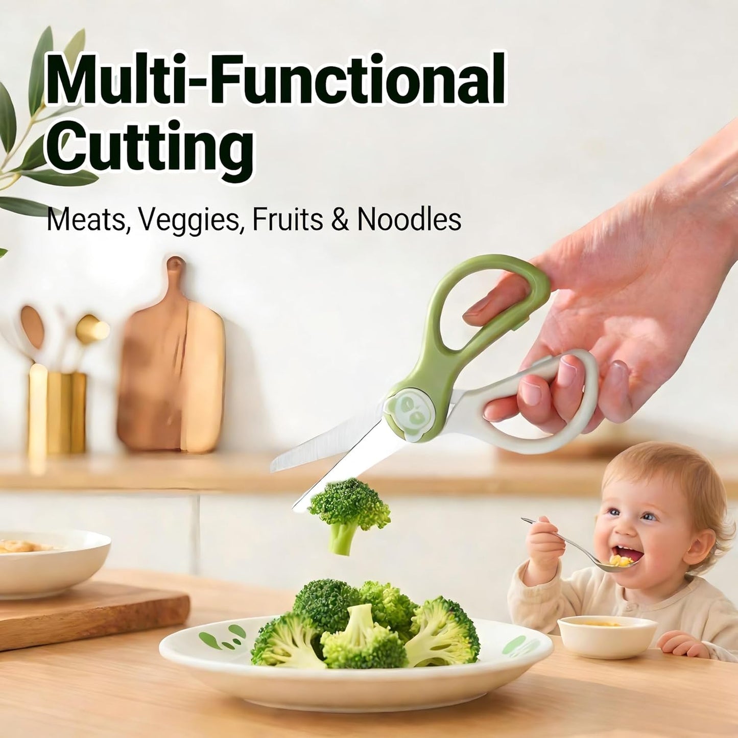 Tijeras de comida para bebés de acero inoxidable con estuche verde