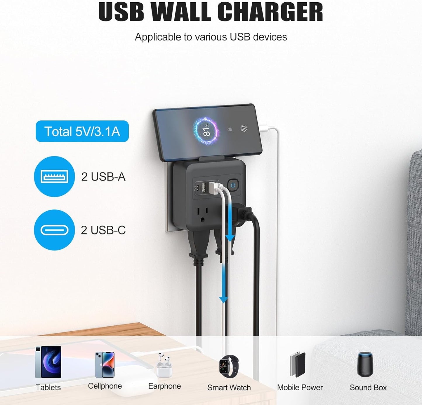 Extensor tomacorriente múltiple con USB-A USB-C y soporte teléfono