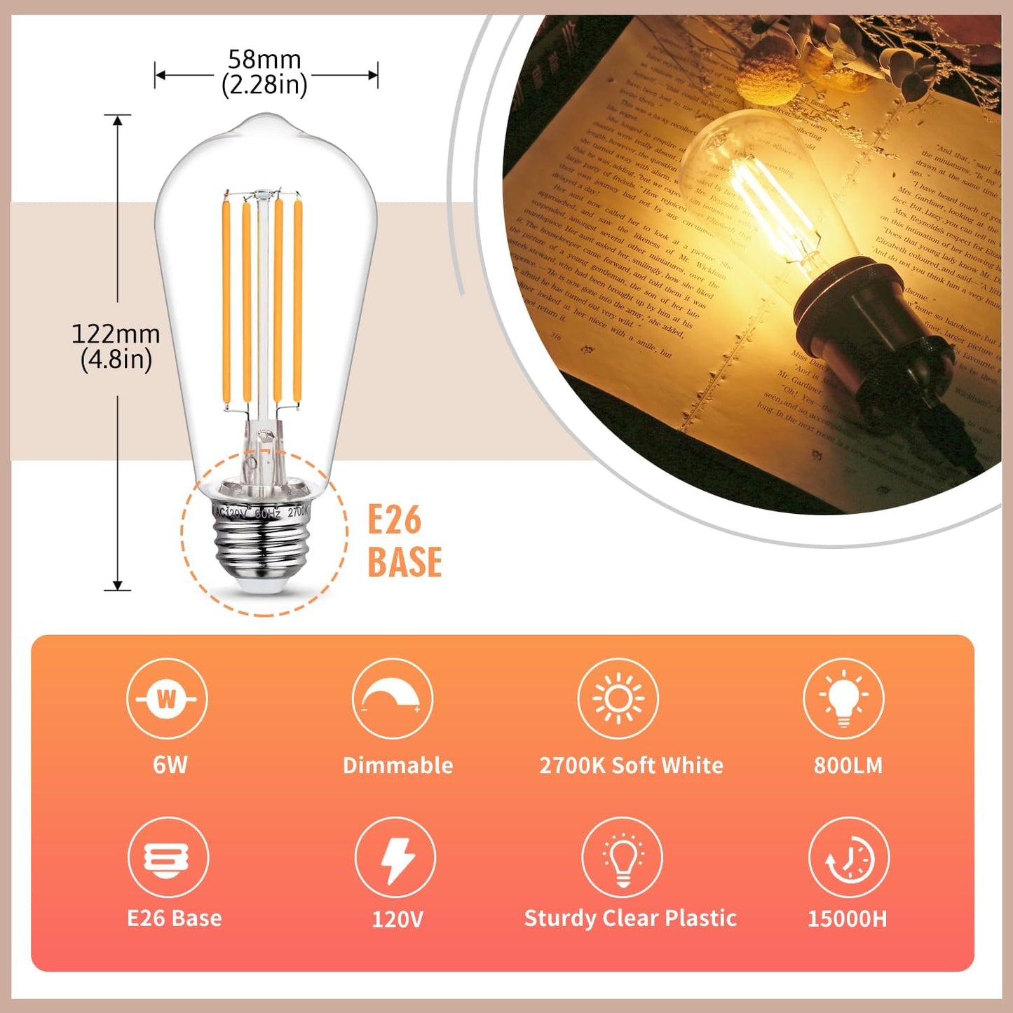Pack 10 Bombillas LED Edison ST58 Regulables E26 2700K