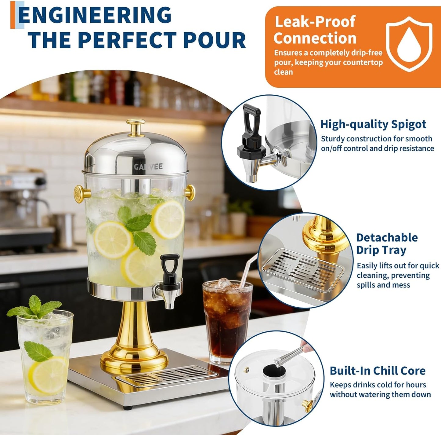 Dispensador de bebidas frías de 2.2 galones con núcleo de hielo para fiestas y bodas