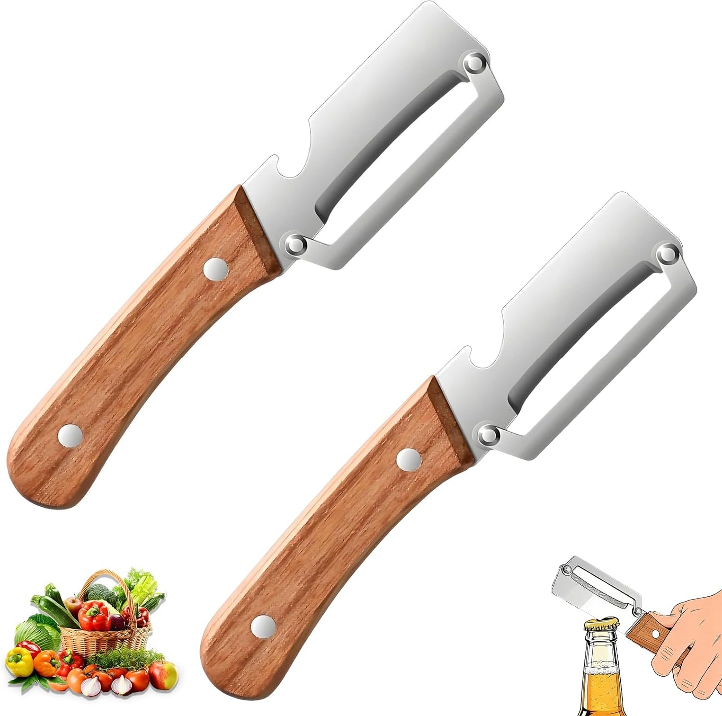 Paquete de 2 peladores multifuncionales de verduras con mango de madera