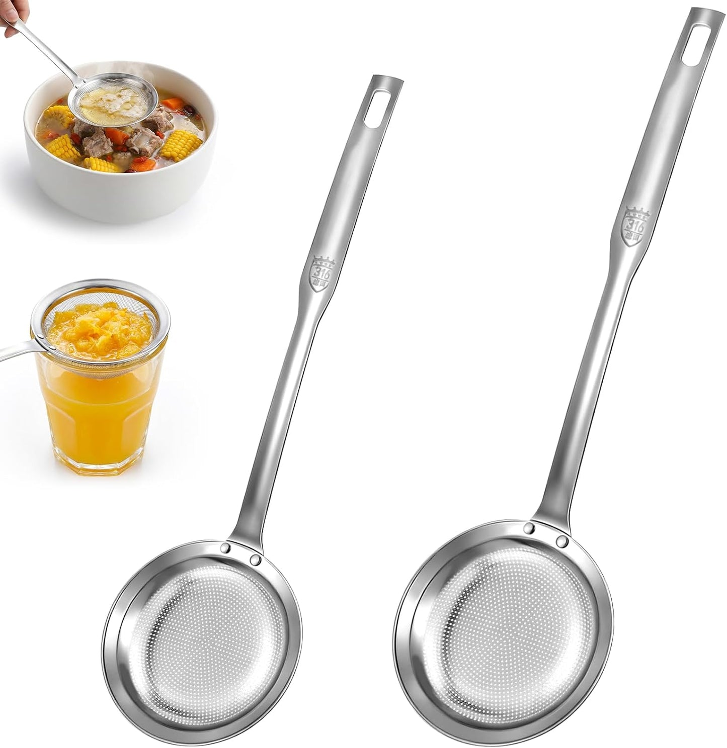 Paquete de 2 cucharas de espumadera de grasa y coladores de acero inoxidable