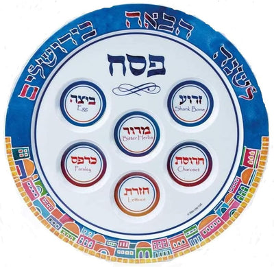 Set 5 Pzas para Pascua Platos Melamina Tela Matzah Bolsa Afikomen