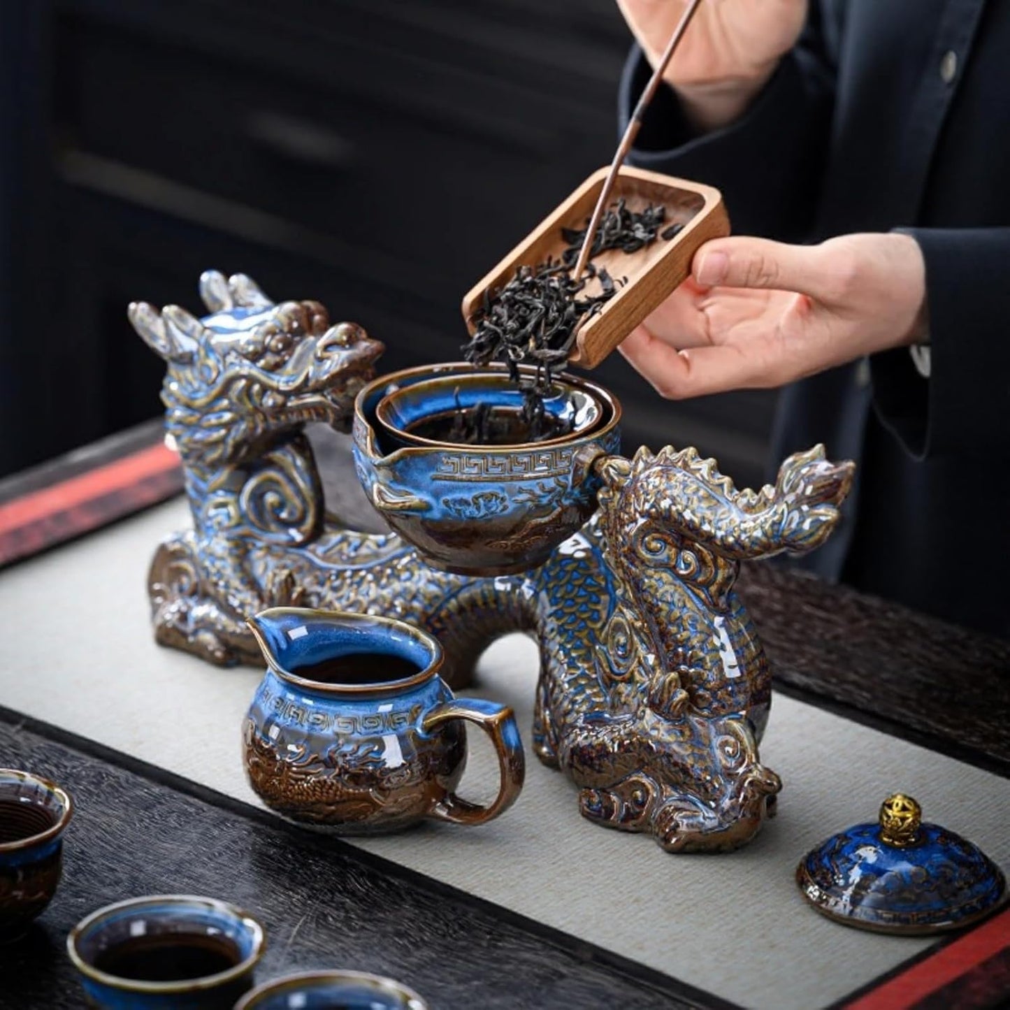 Juego té Gongfu cerámica con infusor 8 tazas diseño dragón
