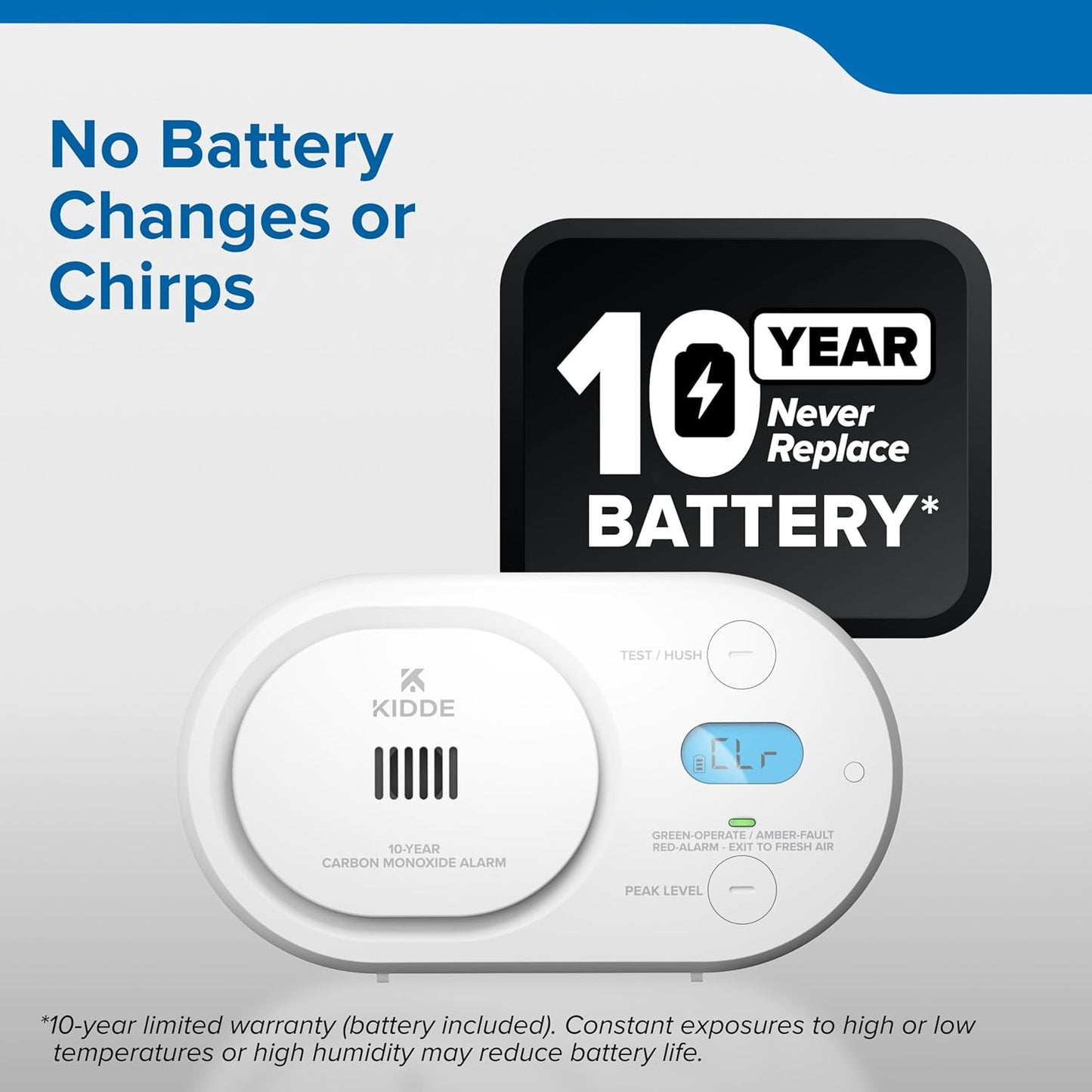Detector CO Kidde batería 10 años pantalla digital alarma 85 dB