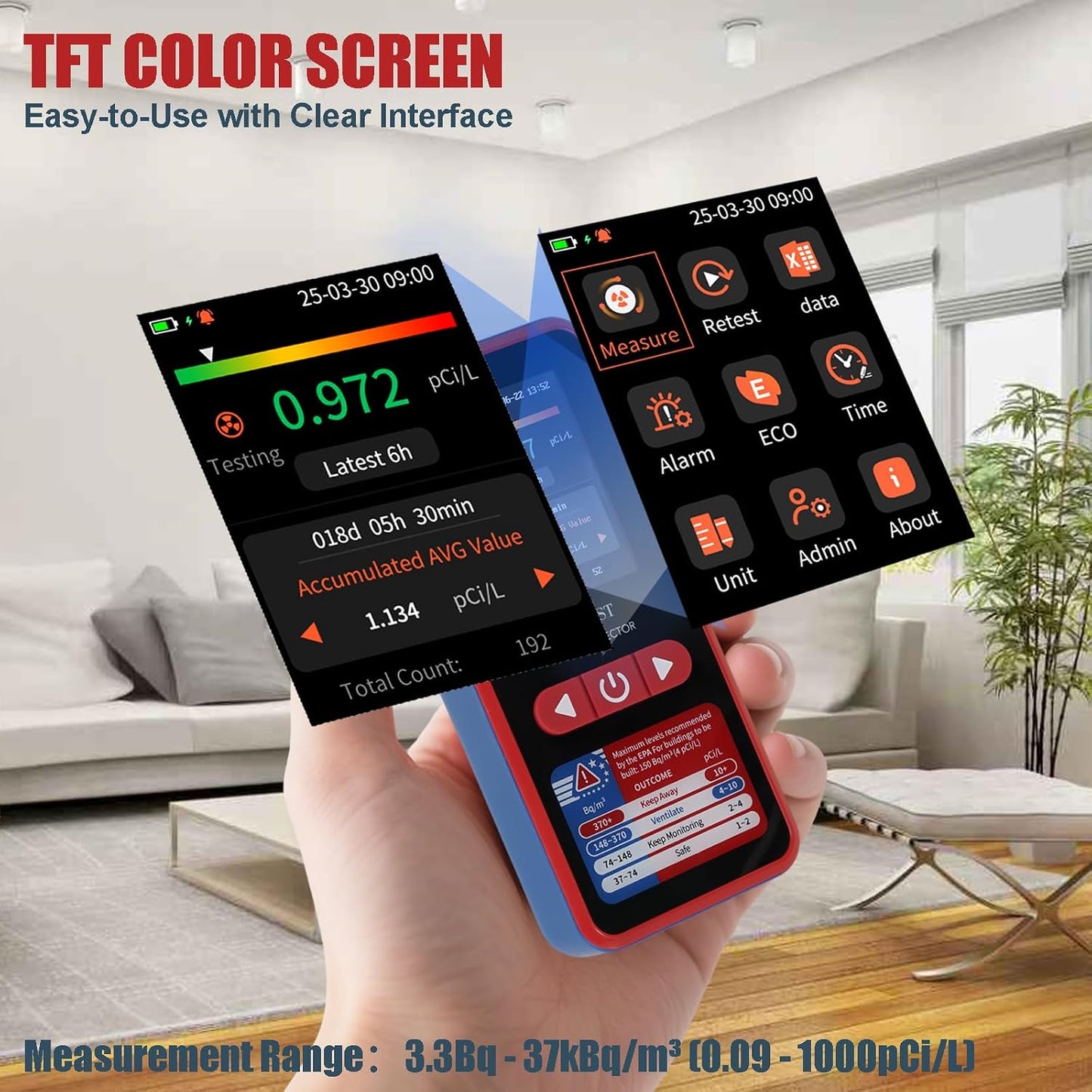 Detector radón RM-60 pantalla TFT USB-C alarma hogar sótano