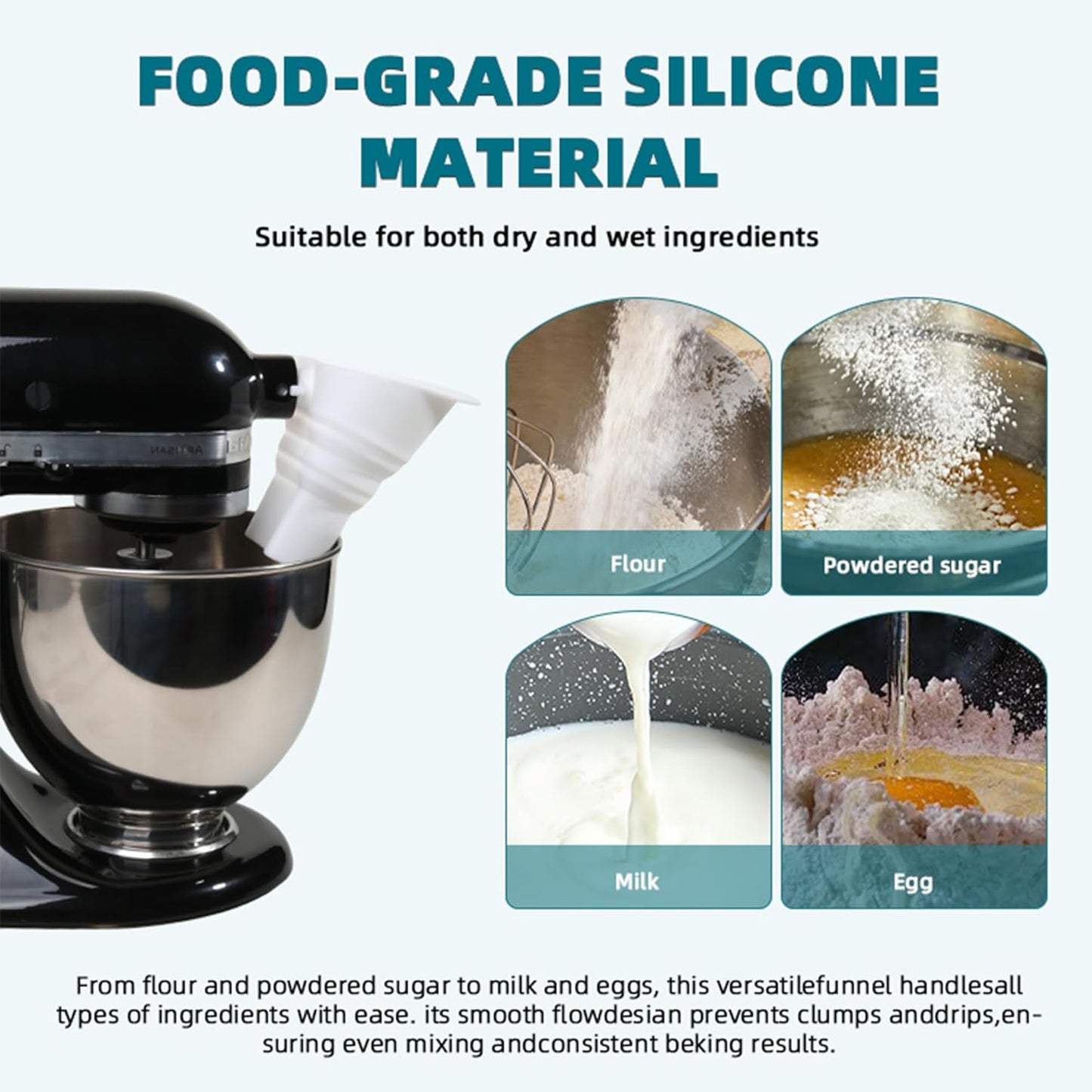 Embudo de harina de silicona para mezclador de cocina con espátula