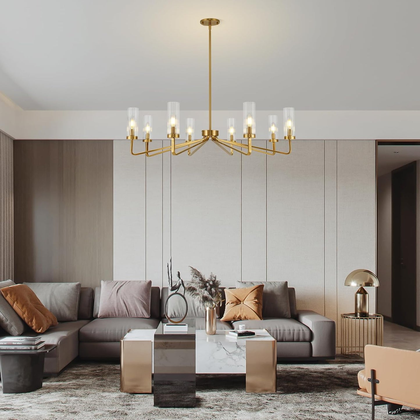 Candelabro dorado 40pulg 8 luces vidrio a rayas