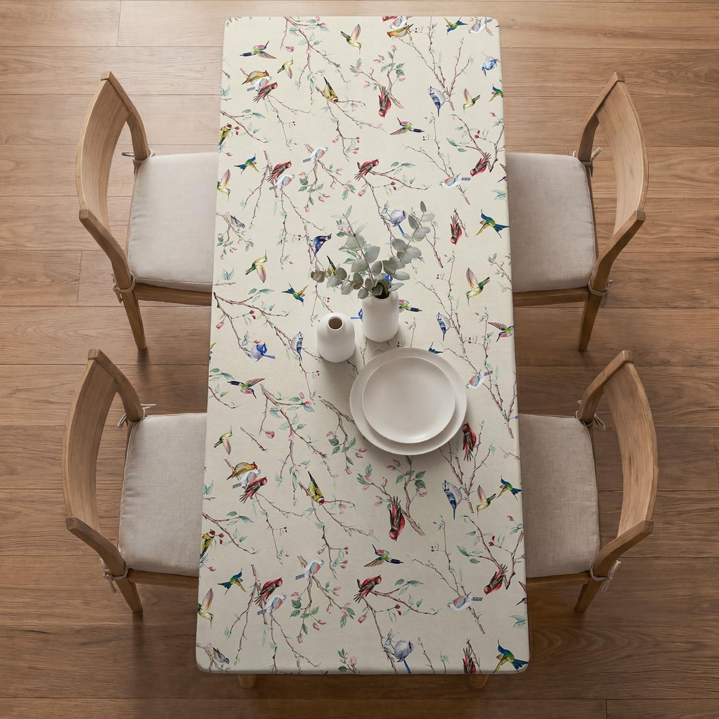 Mantel rectangular de primavera 72x30 pulgadas color beige con diseño de ramas de pájaros