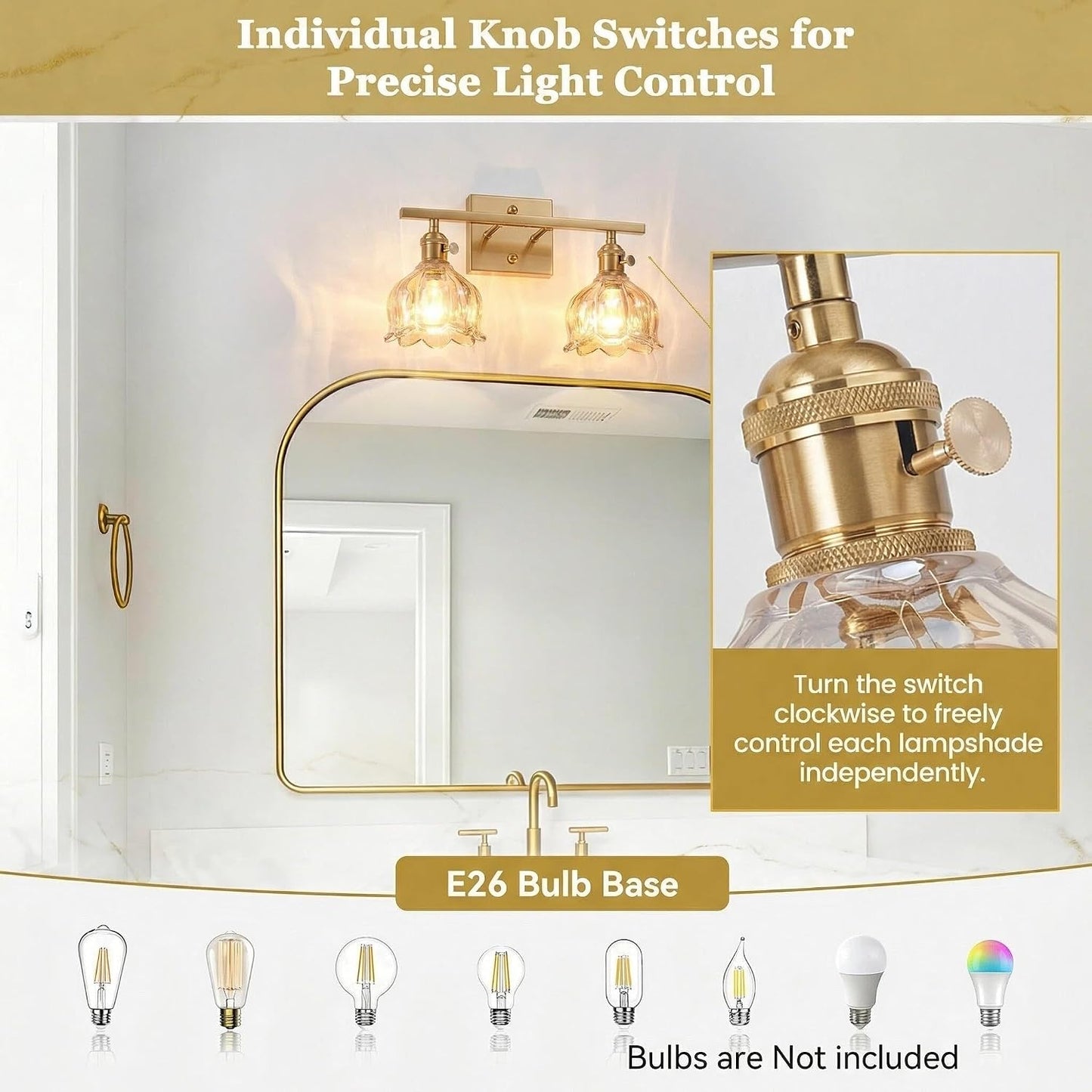 Lámpara baño 2 luces aplique latón 14.5pulg vidrio tulipán