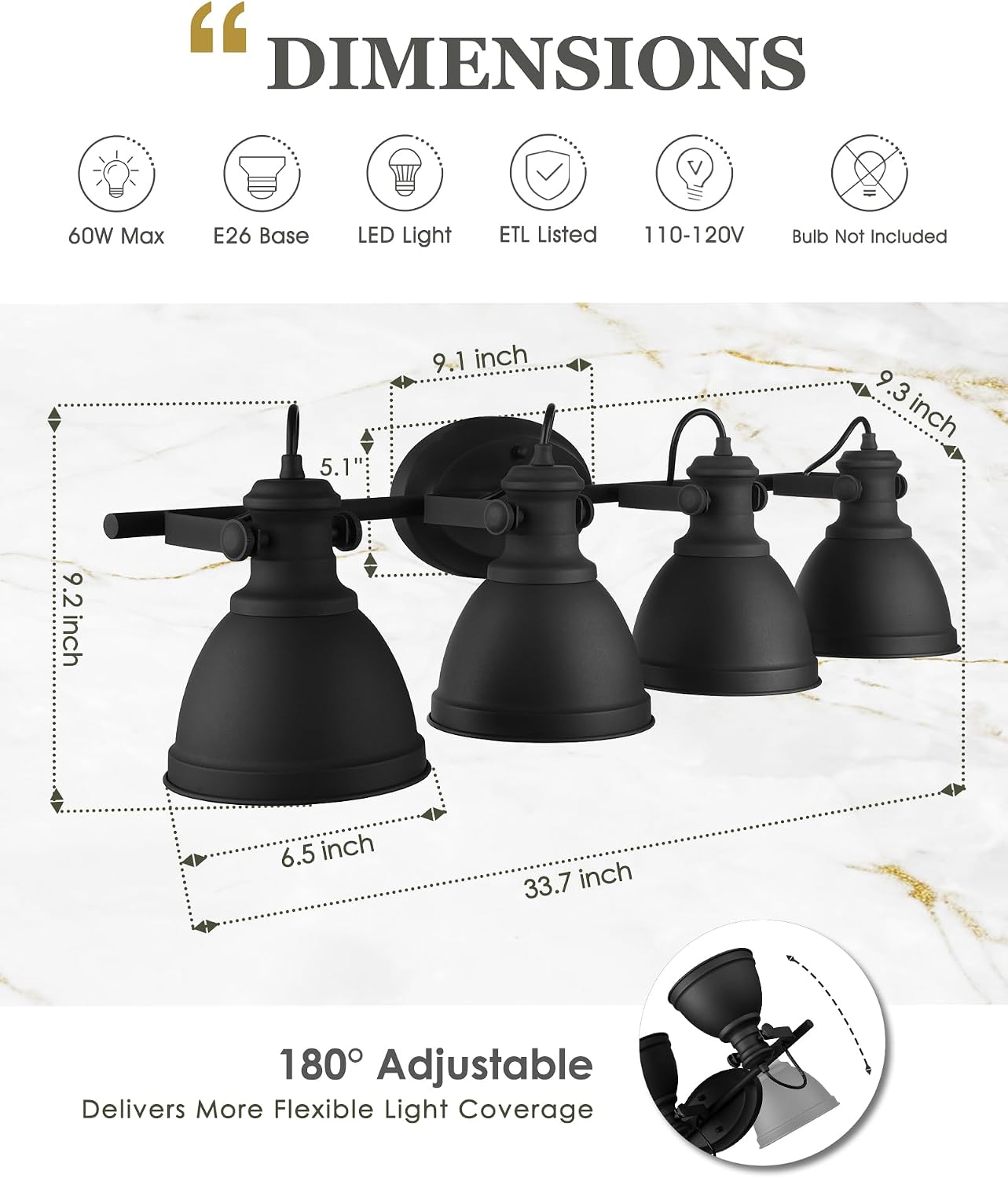Lámpara tocador industrial 4 luces pantalla metal negro