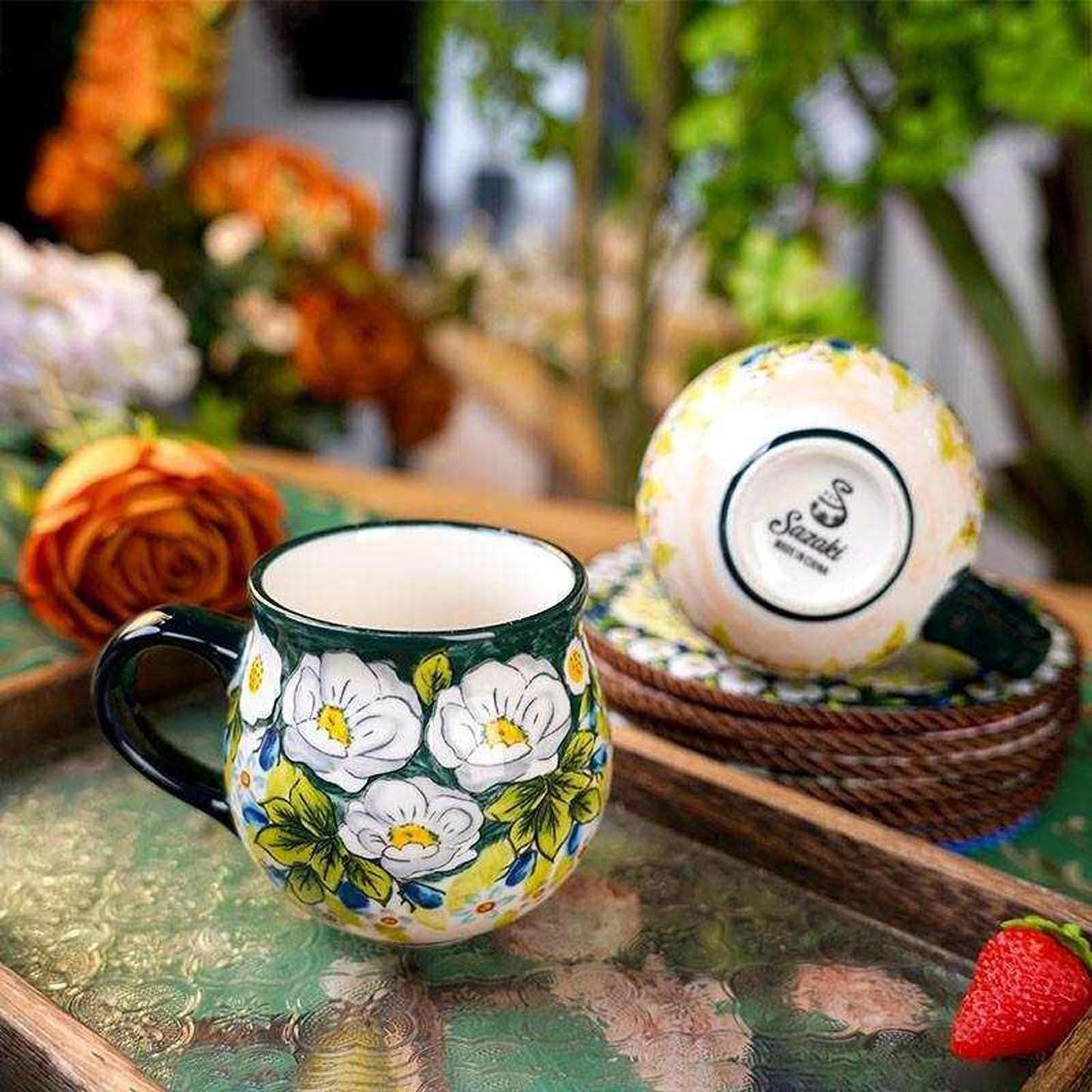 Taza Cerámica Gres Grande Pintada a Mano Verde