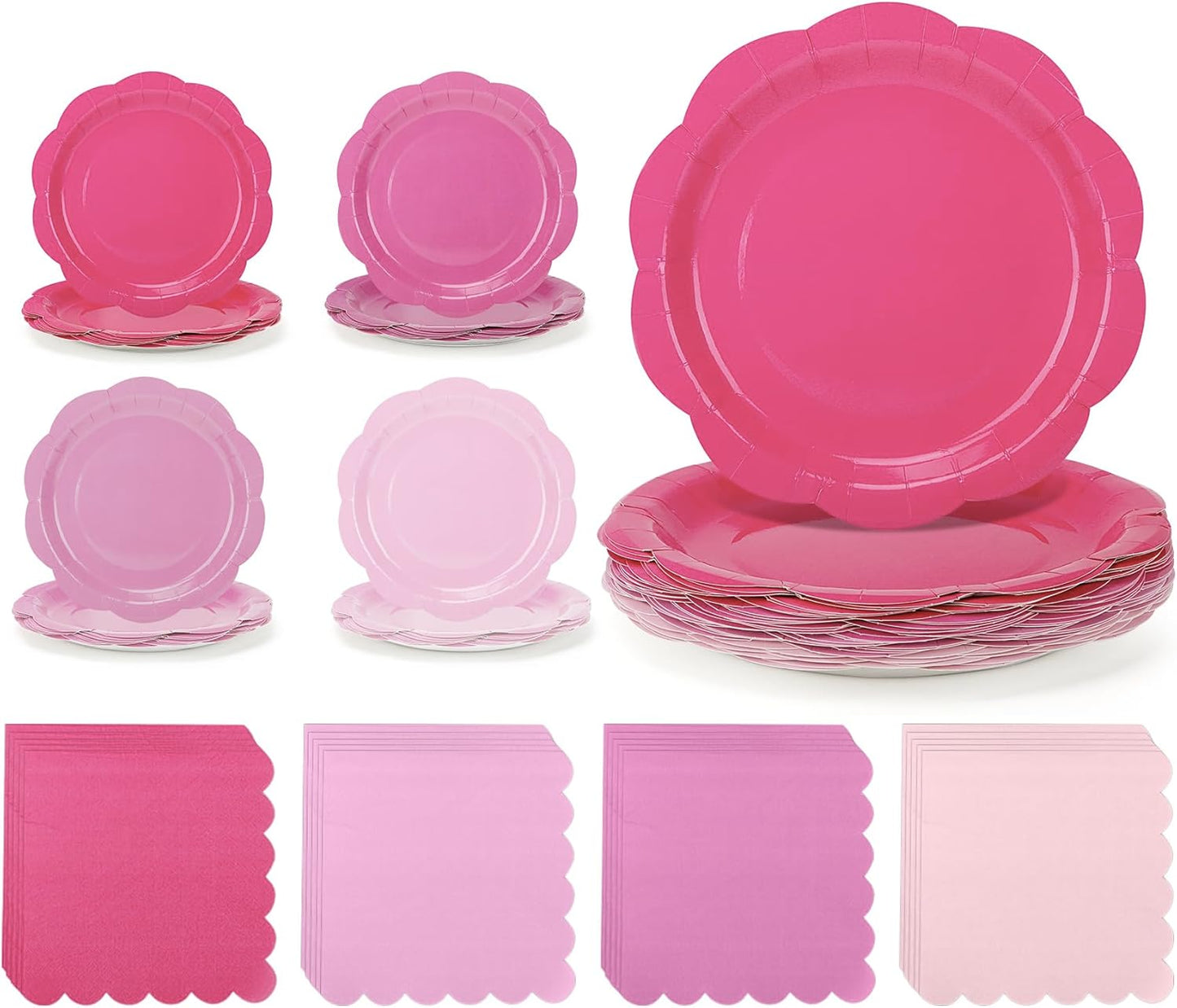 Juego de 96 platos y servilletas rosados para fiestas, platos festoneados de 9 pulgadas