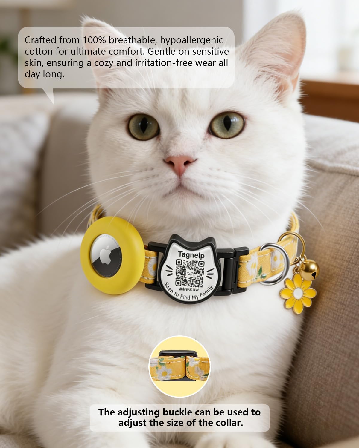 Collar gato con QR y soporte AirTag algodón ajustable amarillo